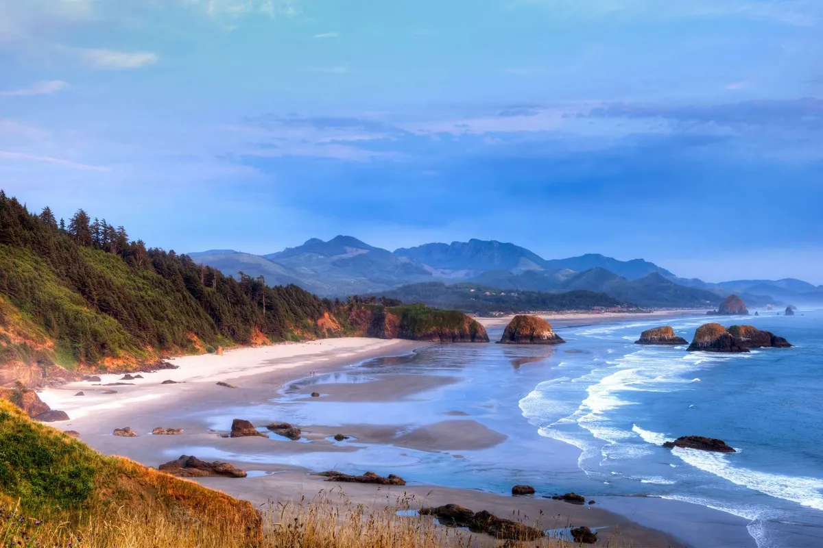 This image captures a sweeping ocean view with dramatic rock formations, a sandy beach, distant mountains, and lush surrounding forests. The scene is tranquil and inviting, ideal for families seeking outdoor exploration and memorable coastal adventures.